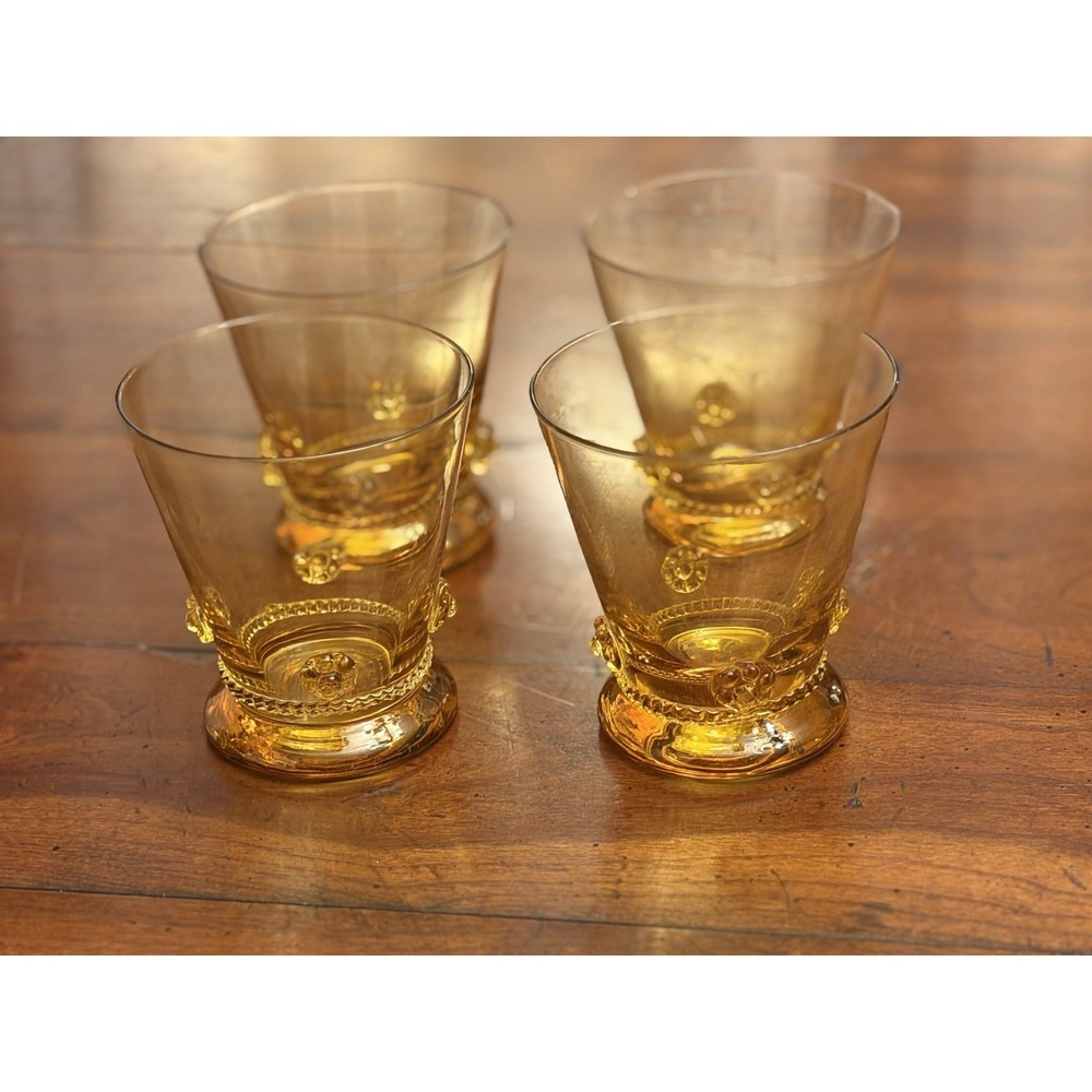 Set of 4 Vintage Theresienthal Bacchus Amber Crystal Tumbler Glasses Handmade